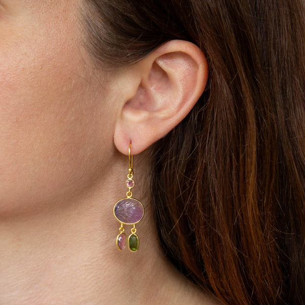 Beyond Biasa Carved Amethyst and Tourmaline Earrings