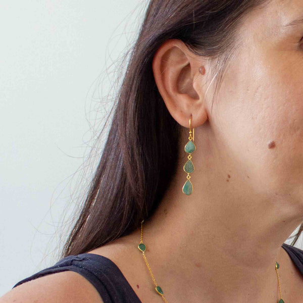 Beyond Biasa Carved Emerald Three Drop Earrings