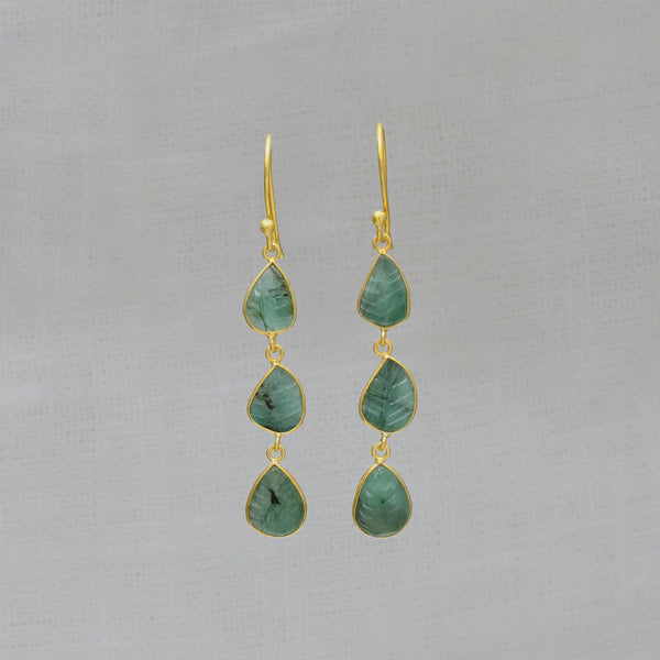 Beyond Biasa Carved Emerald Three Drop Earrings