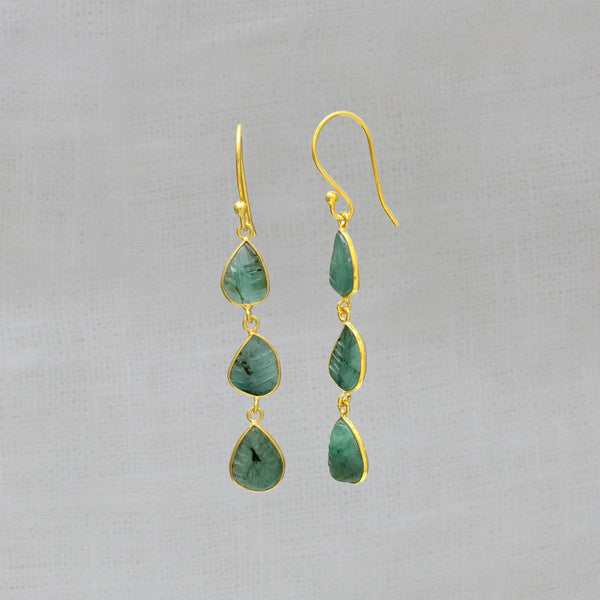 Beyond Biasa Carved Emerald Three Drop Earrings