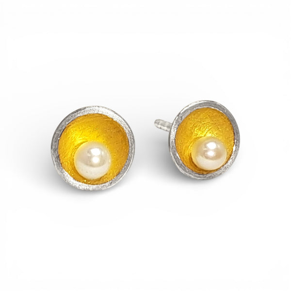 'Lunar Crater' Silver & 22ct Gold Diamond or Pearl Stud Earrings