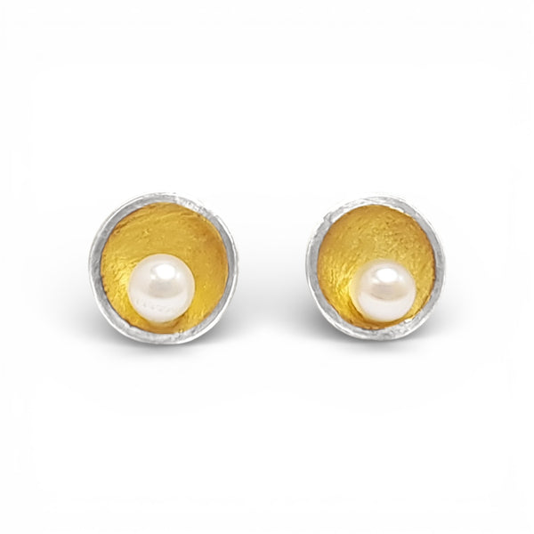 'Lunar Crater' Silver & 22ct Gold Diamond or Pearl Stud Earrings
