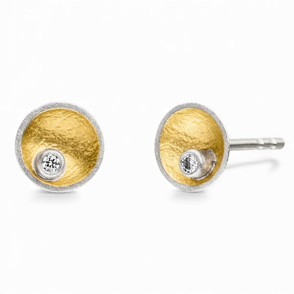 'Lunar Crater' Silver & 22ct Gold Diamond or Pearl Stud Earrings