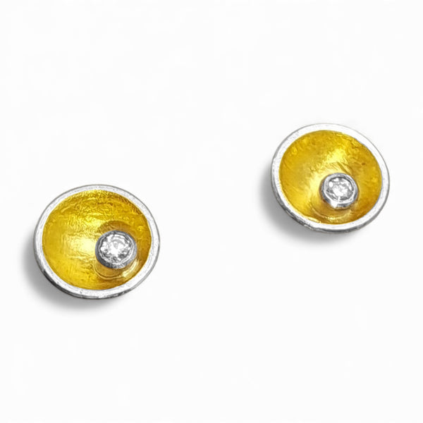 'Lunar Crater' Silver & 22ct Gold Diamond or Pearl Stud Earrings