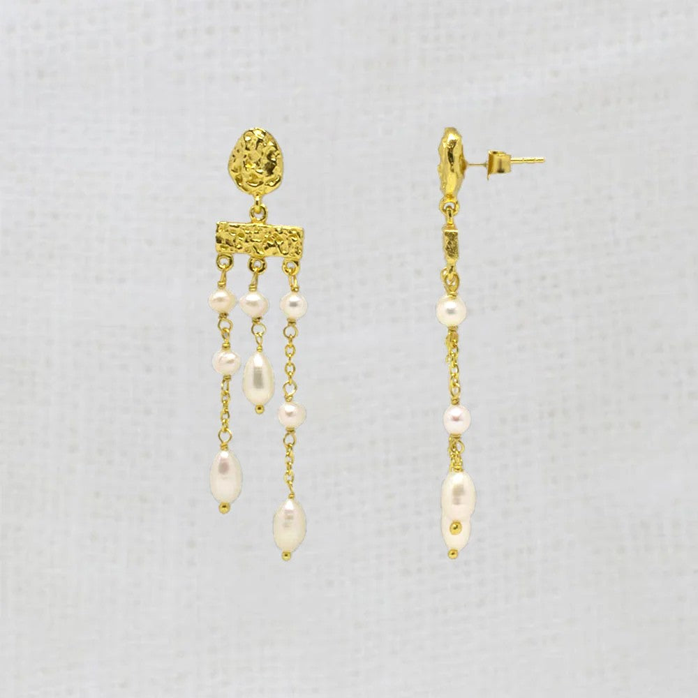 Beyond Biasa Textured Gold Vermeil and Pearl Chandelier Earrings