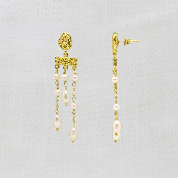 Beyond Biasa Textured Gold Vermeil and Pearl Chandelier Earrings