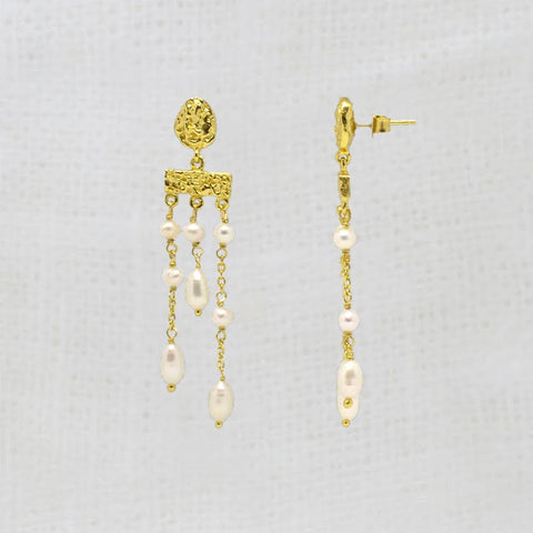 Beyond Biasa Textured Gold Vermeil and Pearl Chandelier Earrings