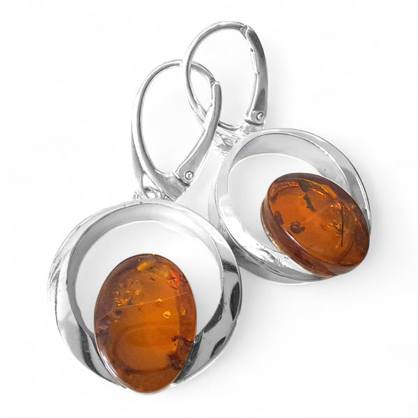 Crescent Amber & Sterling Silver Drop Earrings