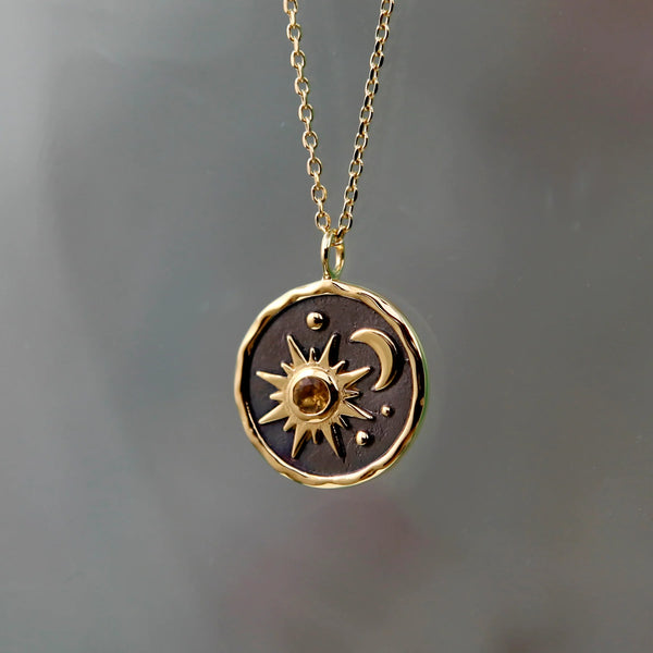 Christin Ranger Gold Sun & Moon Pendant With Citrine Stone
