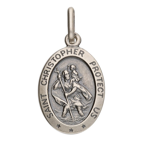 St Christopher 'Protect Us' 21mm Large Oval Oxidised Pendant