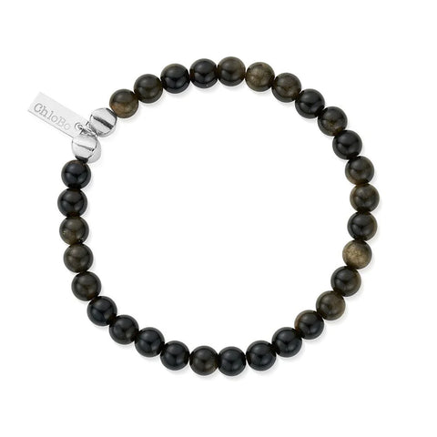Chlobo Men's Silver Golden Obsidian Bracelet
