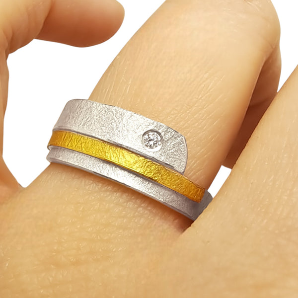 'Solar Pulse' Silver & 22ct Gold Diamond Ring