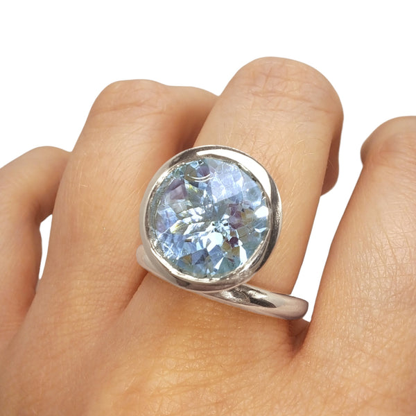 Silver 12mm Offset Bright Blue Topaz Ring