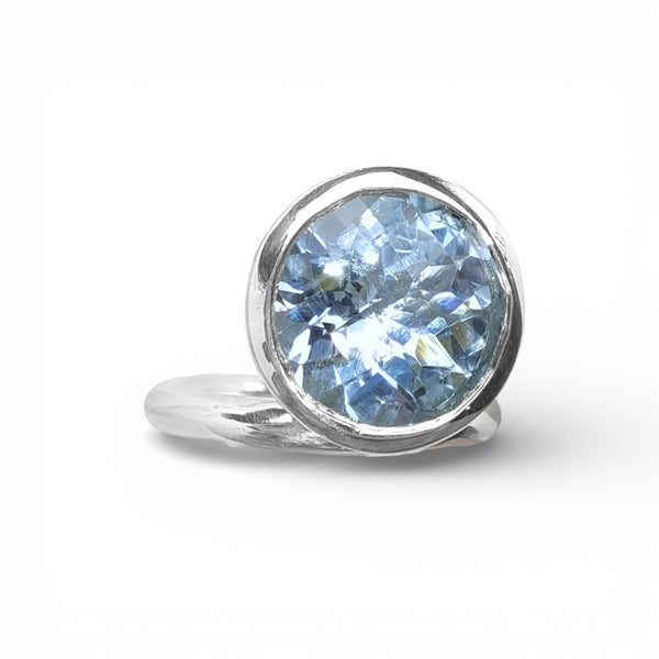 Silver 12mm Offset Bright Blue Topaz Ring