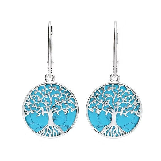 Tree of Life Turquoise & Sterling Silver Tree Drop Earrings - Small