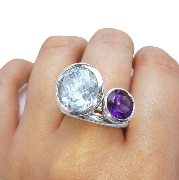 Silver 12mm Offset Bright Blue Topaz Ring