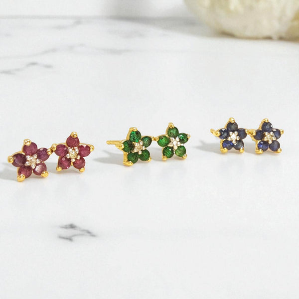 Vintage 9ct Gold Sapphire and Diamond Blossom Stud Earrings