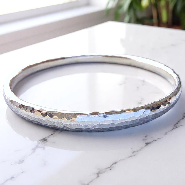8mm Silver Hammered Heavy Bangle - Heavy Oval Wire