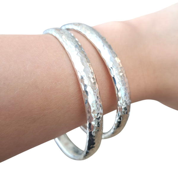 8mm Silver Hammered Heavy Bangle - Heavy Oval Wire
