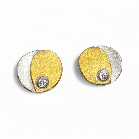 'Waning Crescent' Silver & 22ct Gold  Diamond Stud Earrings