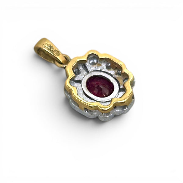 Vintage "Crimson Belle" 18ct Yellow and White Gold Ruby and Diamond Cluster Pendant
