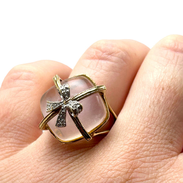Vintage "Rose Ribbon" 9ct Yellow Gold Rose Quartz and Diamond set Bow Ring