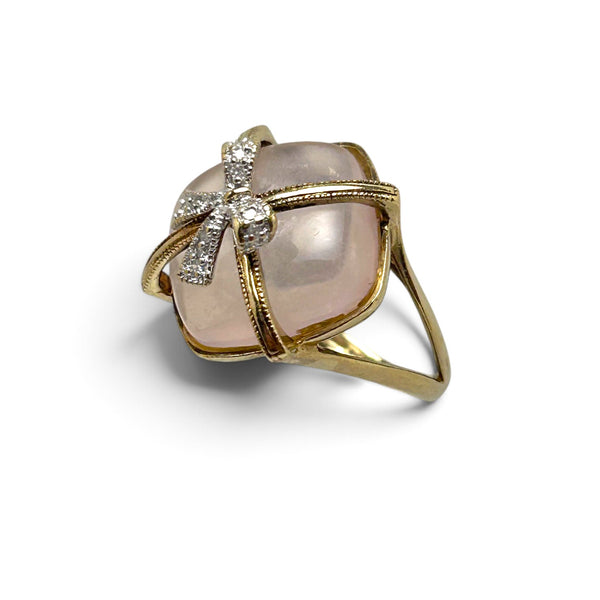 Vintage "Rose Ribbon" 9ct Yellow Gold Rose Quartz and Diamond set Bow Ring