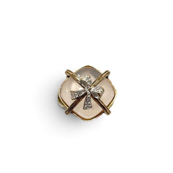 Vintage "Rose Ribbon" 9ct Yellow Gold Rose Quartz and Diamond set Bow Ring