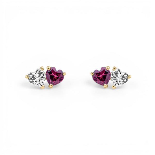 9ct Yellow Gold Toi-et-Moi Garnet and White Topaz Heart Earrings