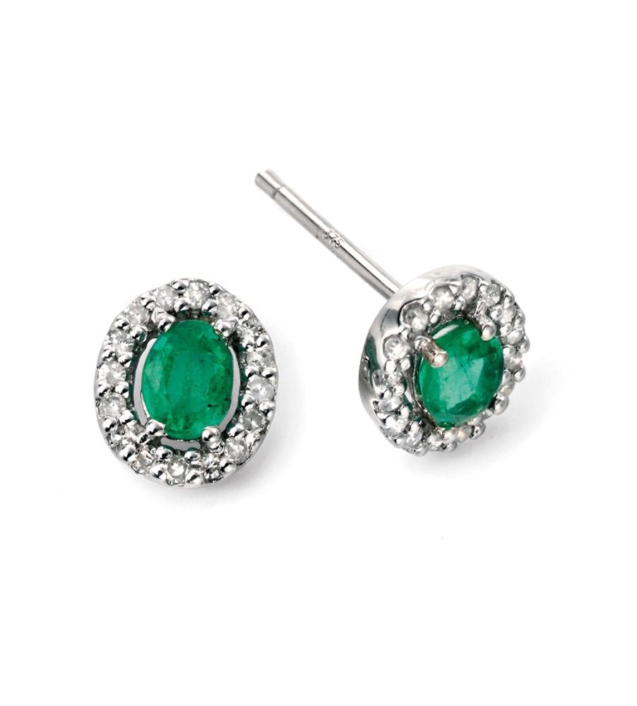 9ct White Gold Emerald and Diamond Cluster Stud Earrings