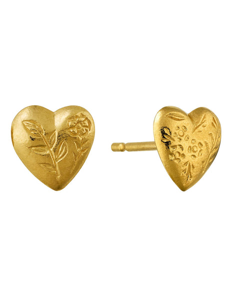 Alex Monroe Floral Engraved Heart Stud Earrings