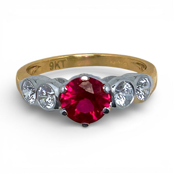 Vintage "Crimson Promise" 9ct Yellow Gold Ruby and Lab Grown Diamond Ring