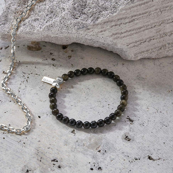 Chlobo Men's Silver Golden Obsidian Bracelet