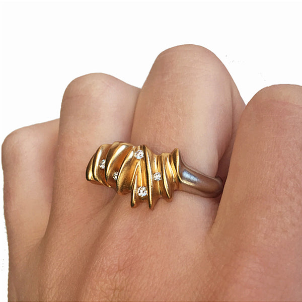 Sculptural 5 Diamond Silver & Gold Shell Ring