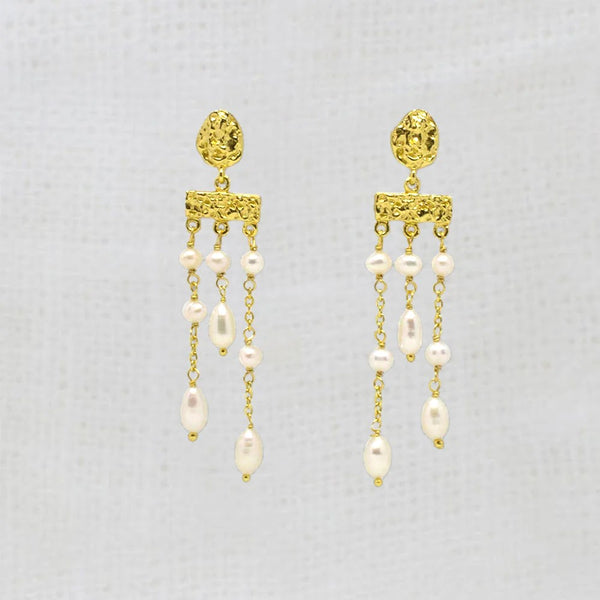 Beyond Biasa Textured Gold Vermeil and Pearl Chandelier Earrings