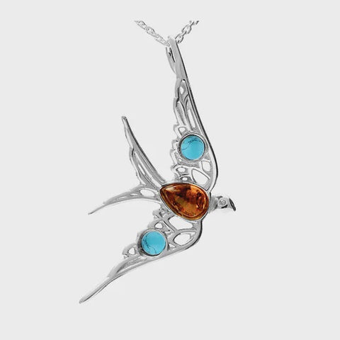 Amber, Turquoise & Silver Swallow Necklace