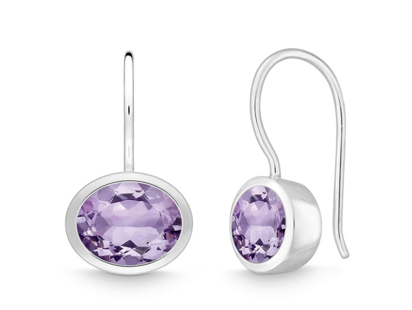 Silver Oval Amethyst Drop Earrings