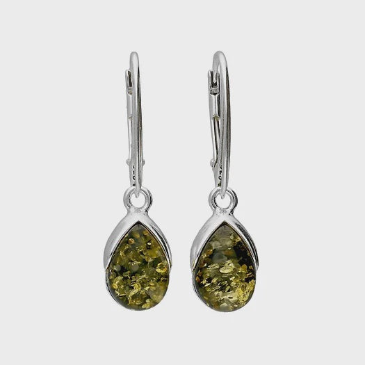 Silver & Green Amber Teardrop Earrings