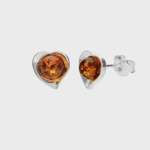Silver Heart Studs with Amber center