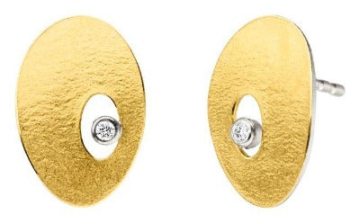 Golden Oval & Diamond Stud Earrings