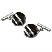 Sterling Silver Round Onyx and Silver Stripe Cufflinks
