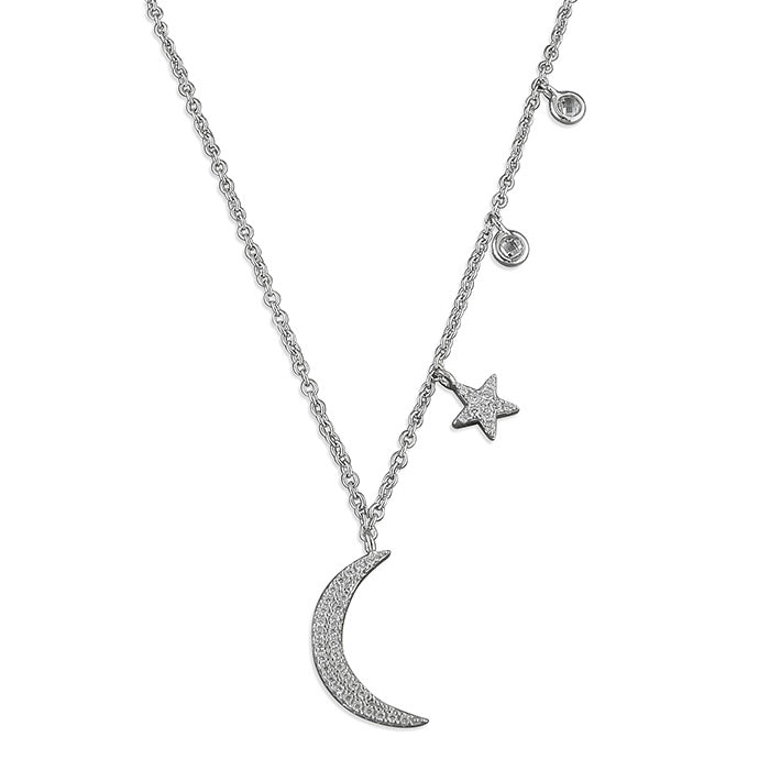 Sterling Silver CZ Moon, Star & Dots Necklace