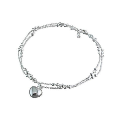 Sterling Silver Double Chain Anklet with Heart