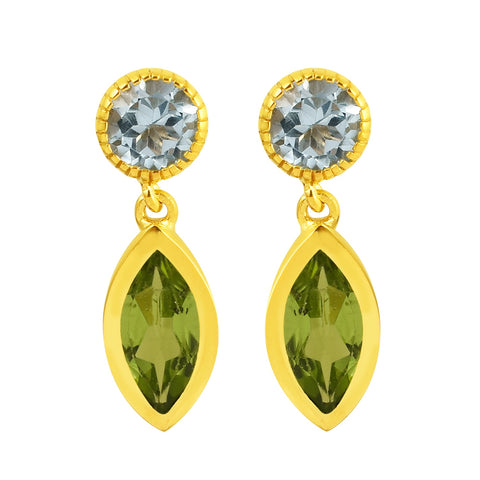 Gold Blue Topaz & Peridot  Drop Earrings
