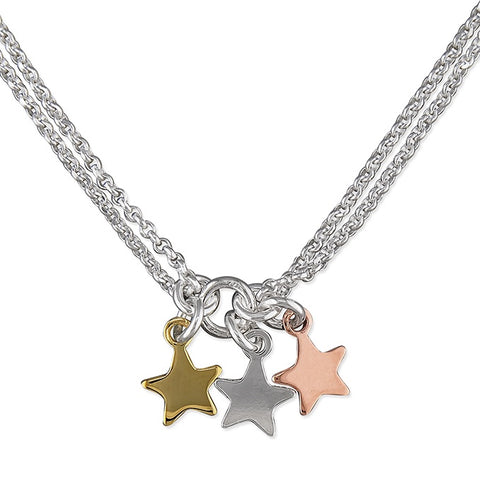 Sterling Silver 3-Tone Triple Stars Necklace
