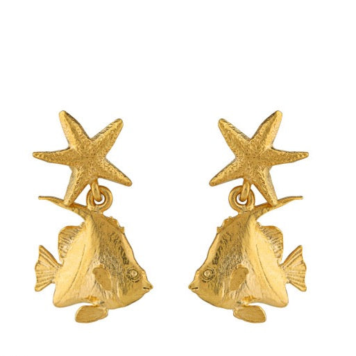 Alex Monroe Gold Angelfish Drop Earrings with Starfish Studs - OCE4
