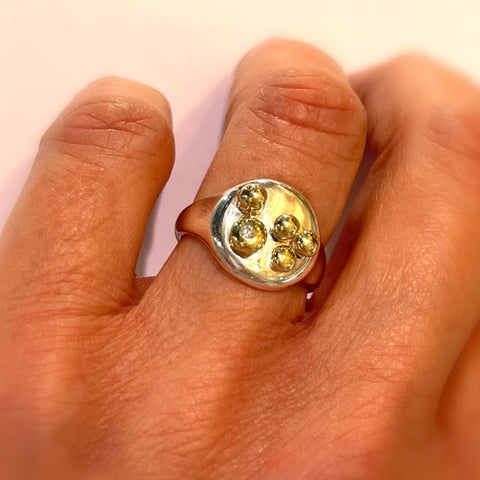 Silver Signet, 9ct Gold Caviar & Diamond Ring