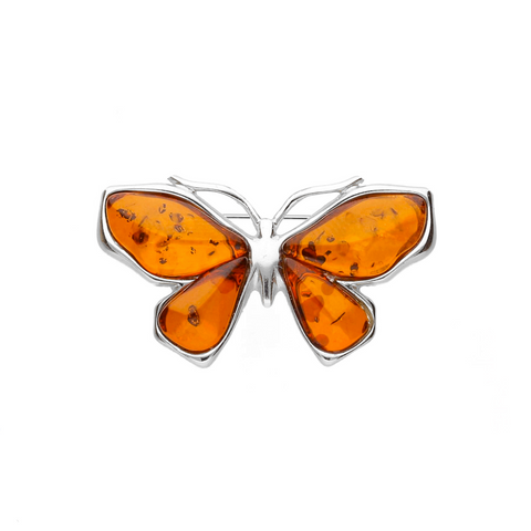 Amber & Silver Butterfly Brooch