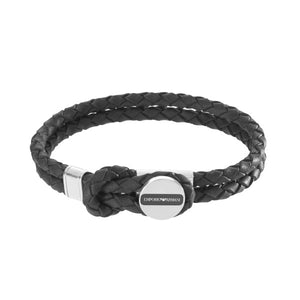 Emporio Armani Men's Black Leather & Silver Stainless Steel Braided Bracelet