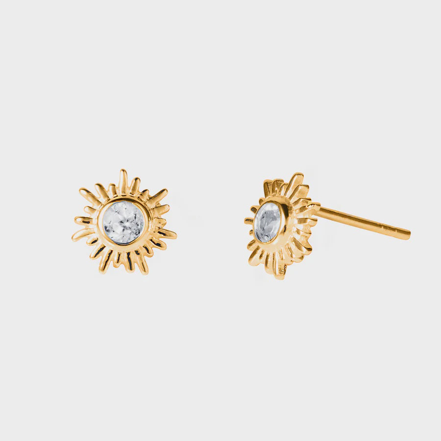 Gold Sun Stud Earrings with Natural White Topaz